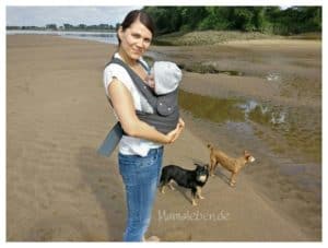 Mama mit Baby und zwei Hunden am Elbstrand von Hamburg