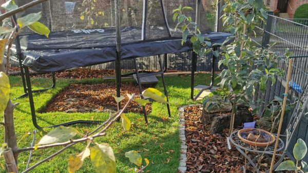 rechteckiges Trampolin im kleinen Garten